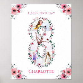 第8誕生日の少女フォトコラージピンクフラワー ポスター