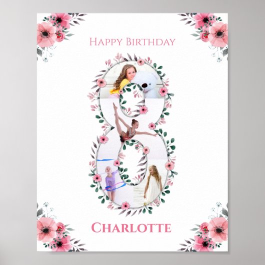 第8誕生日の少女フォトコラージピンクフラワー ポスター (正面)
