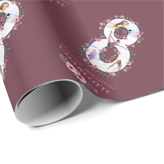 第8誕生日の少女フォトコラージピンクフラワー ラッピングペーパー (ロールコーナー)
