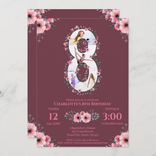 第8誕生日の少女フォトコラージピンクフラワー 招待状 (正面/裏面)