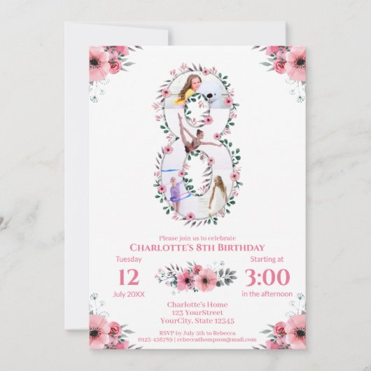 第8誕生日の少女フォトコラージピンクフラワー 招待状 (正面)