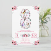 第8誕生日の少女フォトコラージピンクフラワー 招待状 (スタンド正面)