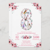 第8誕生日の少女フォトコラージピンクフラワー 招待状 (正面/裏面)