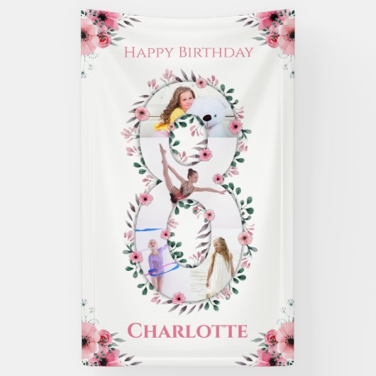 第8誕生日の少女フォトコラージピンクフラワー 横断幕 (縦)