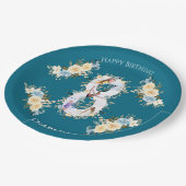 第8誕生日フォトコラージブルーイエローフラワーティール(緑がかった色) ペーパープレート (アングル)