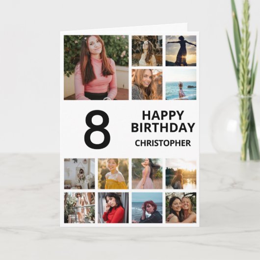 第8誕生日フォトコラージュ13枚の写真（白黒） カード (正面)