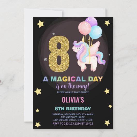 第8誕生日ユニコーン誕生日招待状 招待状 (正面)