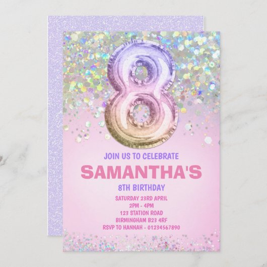 第8誕生日レインボーグリッター誕生日招待状 招待状 (正面/裏面)