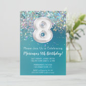 第8誕生日招待状ティール(緑がかった色)シルバーグリッター 招待状 (スタンド正面)