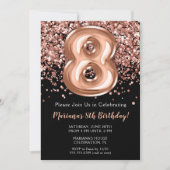 第8誕生日招待状ブラックバラ金ゴールドグリッター 招待状 (正面)