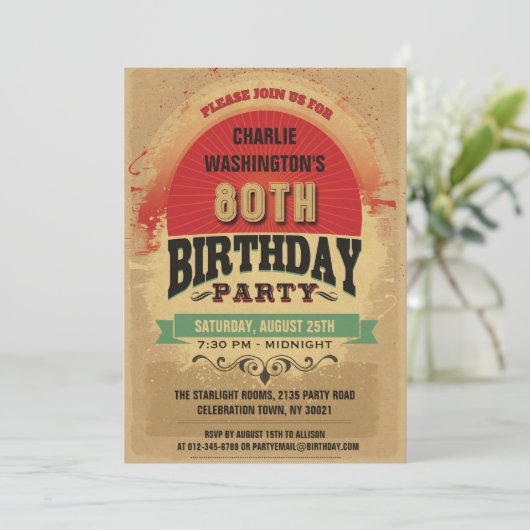 第80グランジな誕生日のヴィンテージのタイポグラフィ 招待状 (スタンド正面)