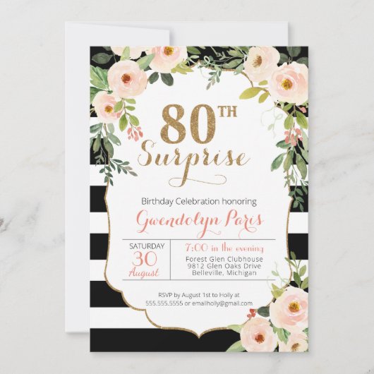 第80サプライズ白黒ストライプフローラ誕生日 招待状 (正面)