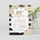 第80サプライズ白黒ストライプフローラ誕生日 招待状 (スタンド正面)