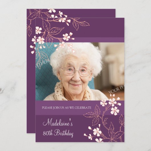 第80バースデーパーティ招待状のプラム珊瑚の花 招待状 (正面/裏面)