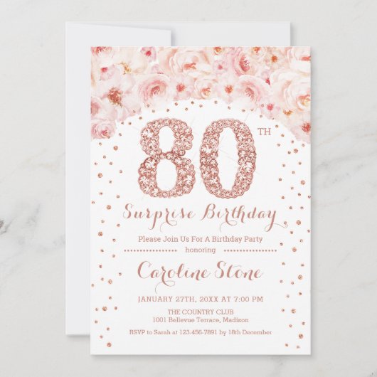 第80回サプライズ誕生日パーティー – ホワイトローズ金ゴールド 招待状 (正面)