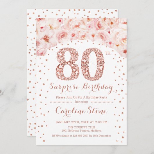 第80回サプライズ誕生日パーティー – ホワイトローズ金ゴールド 招待状 (正面/裏面)