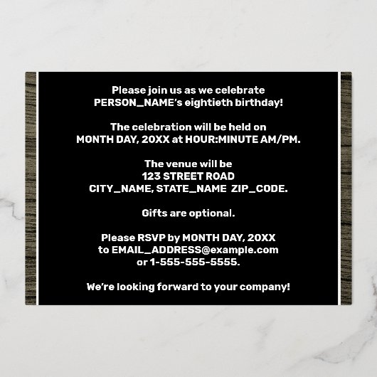 第80回バースデーパーティーはっきりした:木フェイク粒パターン 箔招待状 (裏面)