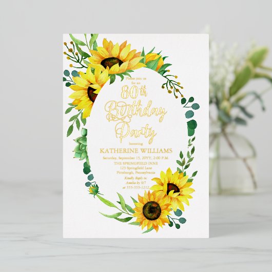 第80回バースデーパーティーひまわり |ユーカリフローラ  箔招待状 (立ち正面)