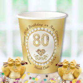 第80回バースデーパーティーカップ、アイボリー真珠、金ゴールド、 紙コップ