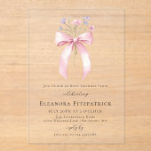 第80回バースデーパーティーピンクコケットボウワイルドフラワー アクリル招待状 (正面)