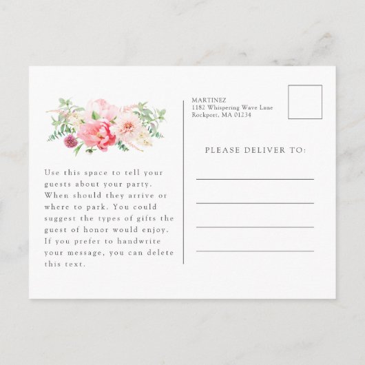 第80回バースデーパーティーフェミニンピンクフローラインビタ インビテーションポストカード (裏面)