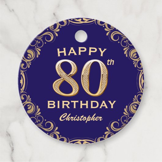 第80回バースデーパーティー海軍ブルーと金ゴールドグリッター フェイバータグ (正面)