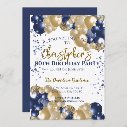 第80回バースデーパーティー海軍金ゴールド風船 招待状 (正面/裏面)