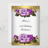第80回バースデーパーティー紫エレガントの金ゴールドバラ 招待状 (正面)