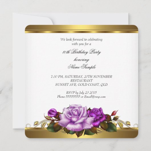 第80回バースデーパーティー紫エレガントの金ゴールドバラA 招待状 (裏面)