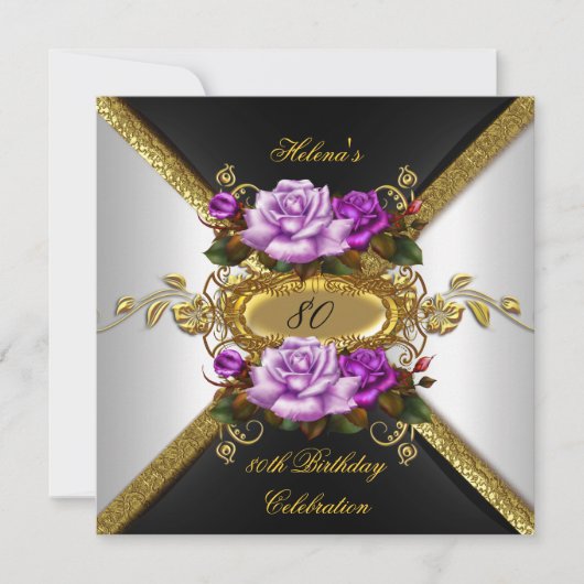 第80回バースデーパーティー紫エレガント金ゴールドバラ4 招待状 (正面)