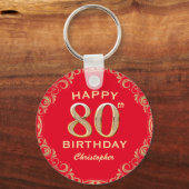 第80回バースデーパーティー赤と金ゴールドグリッター枠 キーホルダー (正面)