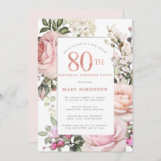 第80回バースデーパーティー赤面ピンクローズフローラ 招待状 (正面/裏面)