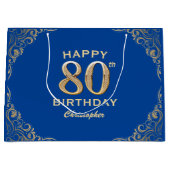 第80回バースデーパーティー青と金ゴールドグリッター枠 ラージペーパーバッグ (正面)