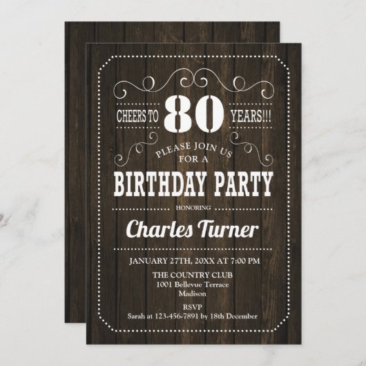 第80回バースデーパーティー – Brown Wood Pattern 招待状 (正面/裏面)