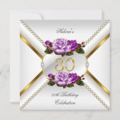 第80回女性の誕生日パーティホワイト金ゴールド薄紫バラ 招待状 (正面)