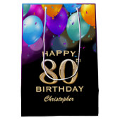 第80回誕生パーティーブラック&金ゴールド気球 ミディアムペーパーバッグ (裏面)