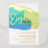 第80回誕生パーティー金ゴールド青色写真抽象芸術 箔招待状 (正面)