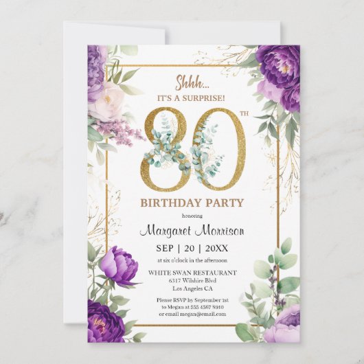 第80回誕生会金ゴールド紫エレガント牡丹 招待状 (正面)