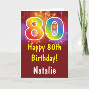第80回誕生日カラフル虹花火赤 カード