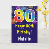 第80回誕生日レカラフルインボー花火ネービーブルー カード (黄色い花)