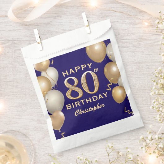 第80回誕生日会ネイビーブルーと金ゴールド風船 フェイバーバッグ (クリップ留めされた状態)