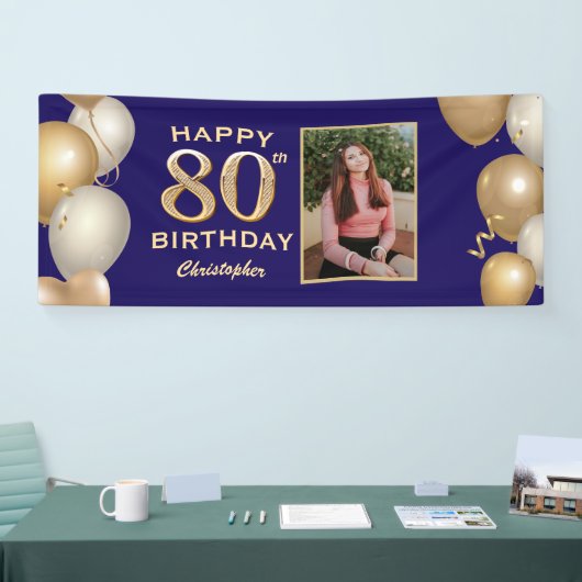 第80回誕生日会ネイビーブルーと金ゴールド風船 横断幕 (トレードショー)