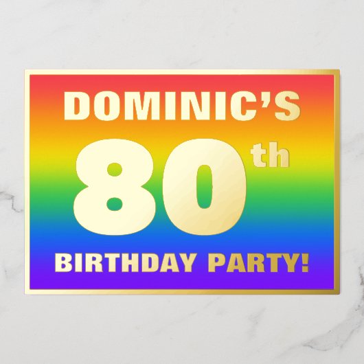 第80回誕生日会：おもしろい、レインボーカラフルパターン 箔招待状 (正面)