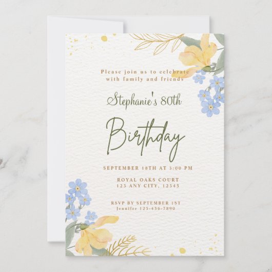 第80回黄色い青い花房穂水彩誕生日 招待状 (正面)