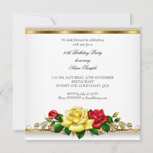 第80期女子バースデーパーティー赤い黄色のバラ 招待状 (裏面)