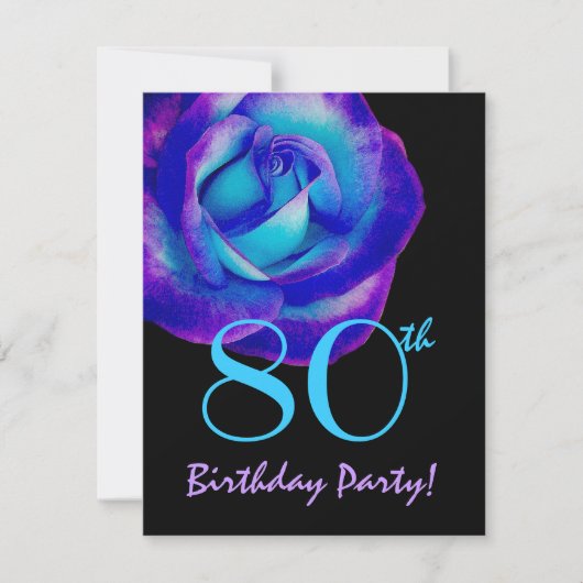 第80紫色誕生日のテンプレートおよび青のバラW243 招待状 (正面)