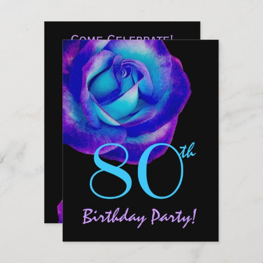 第80紫色誕生日のテンプレートおよび青のバラW243 招待状 (正面/裏面)