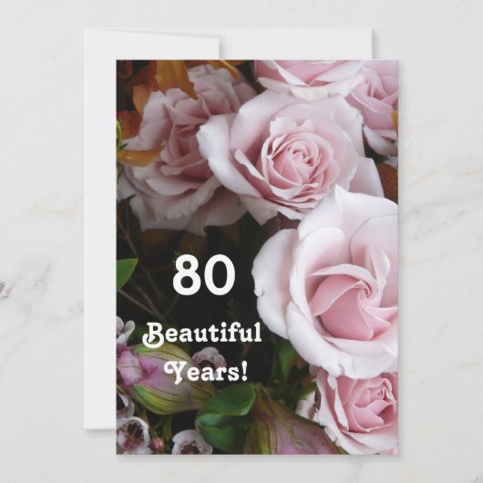 第80誕生会のピンクのバラの花束 招待状 (正面)