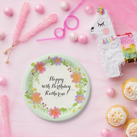 第80誕生会の水彩画のモダンの花柄 ペーパープレート (パーティー)