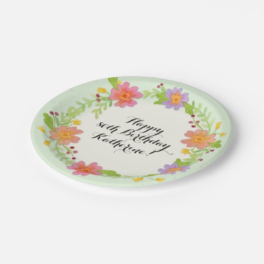 第80誕生会の水彩画のモダンの花柄 ペーパープレート (アングル)